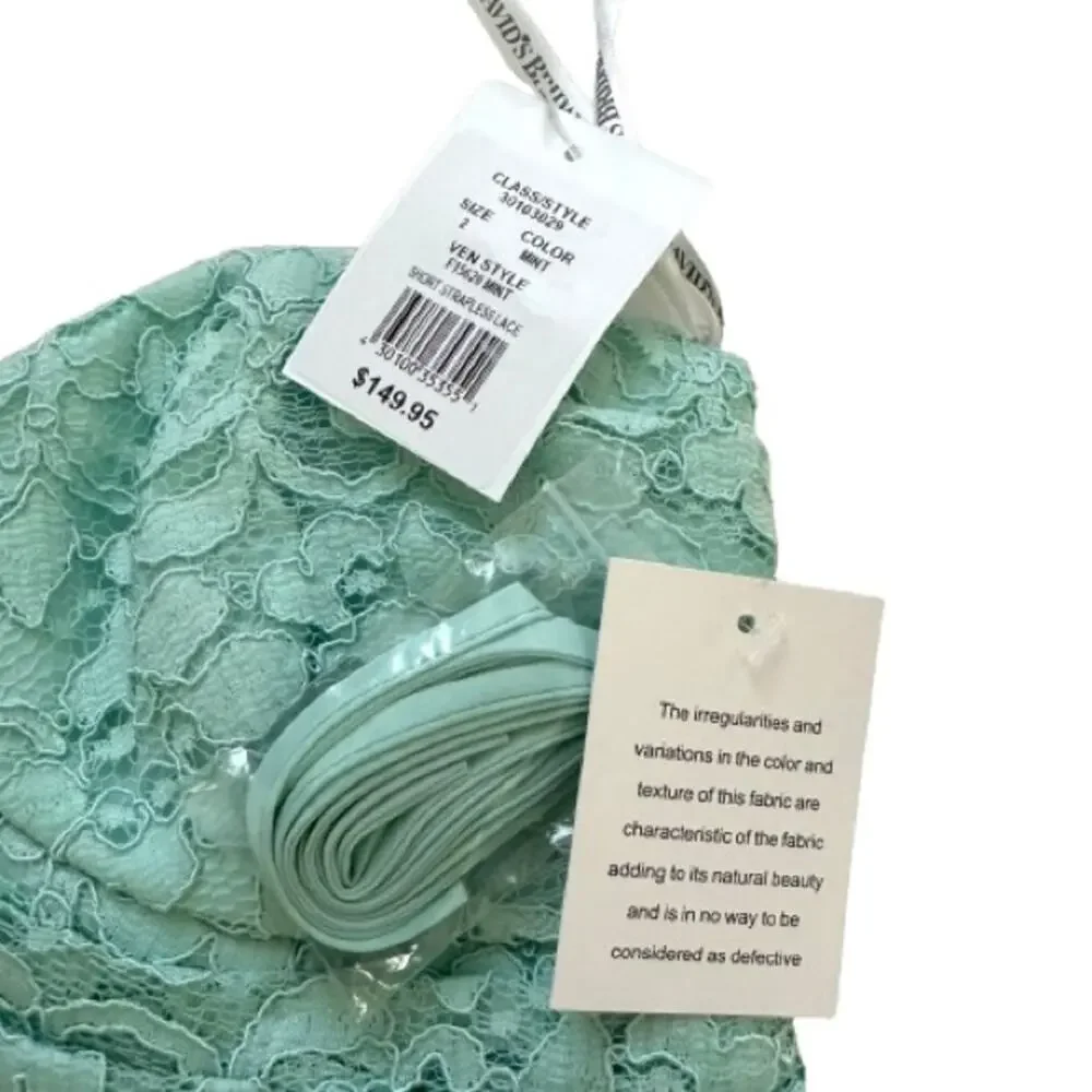 David’s Bridal Dress Mint Green Strapless Lace Gathered Cocktail Size 2 NEW - Picture 8 of 15